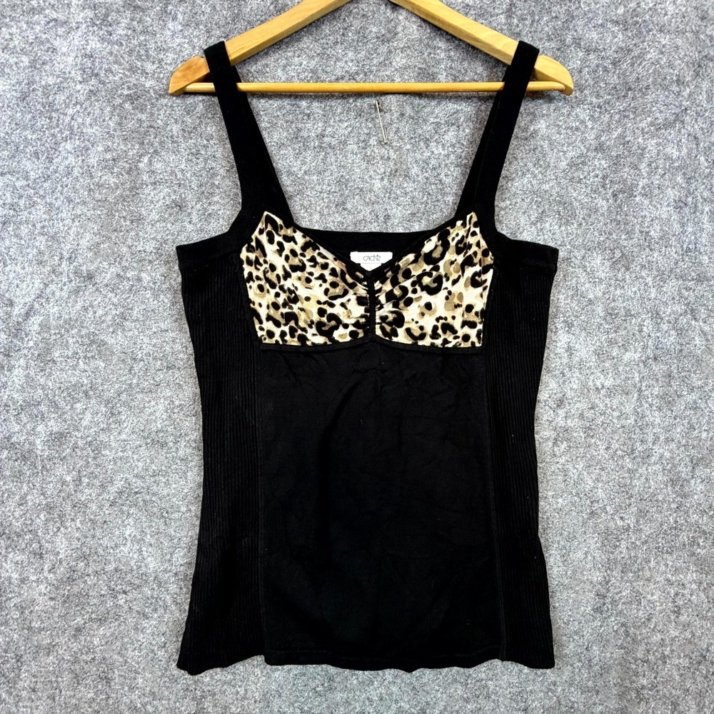 Cache Tank Top Womens Large Black Viscose Leopard Print Ribbed Panel Y2K Chic